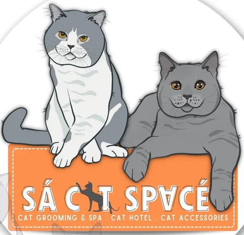 Logo SA Cat Space: dua kucing kelabu di atas sepanduk oren