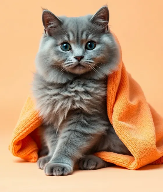 Gambar contoh kucing kelabu berbalut tuala oren